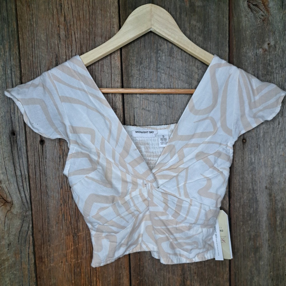 Cottagecore Indie Earthy Linen Blend Midnight Sky Women's Small Crop Top Blouse